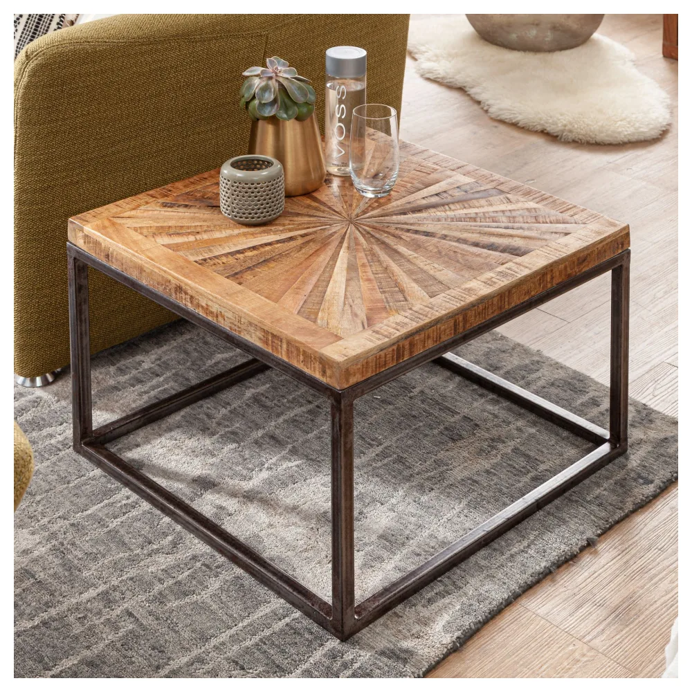 FineBuy Couchtisch Mango Massivholz quadratisch 55x55 cm · Wohnzimmertisch mit Sternmuster Tischplatte · Massivholztisch mit Metallgestell im Industrial Design