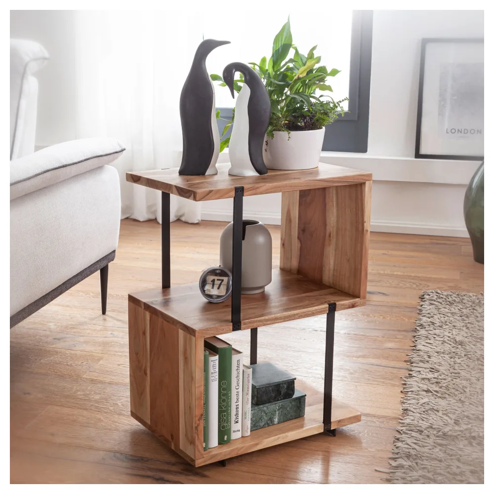 FineBuy Beistelltisch S-Form 45x60x30cm Akazie Metall Ablagetisch, Tischchen Wohnzimmer Industrial, Holztisch mit Metallbeinen, Dekotisch Holz