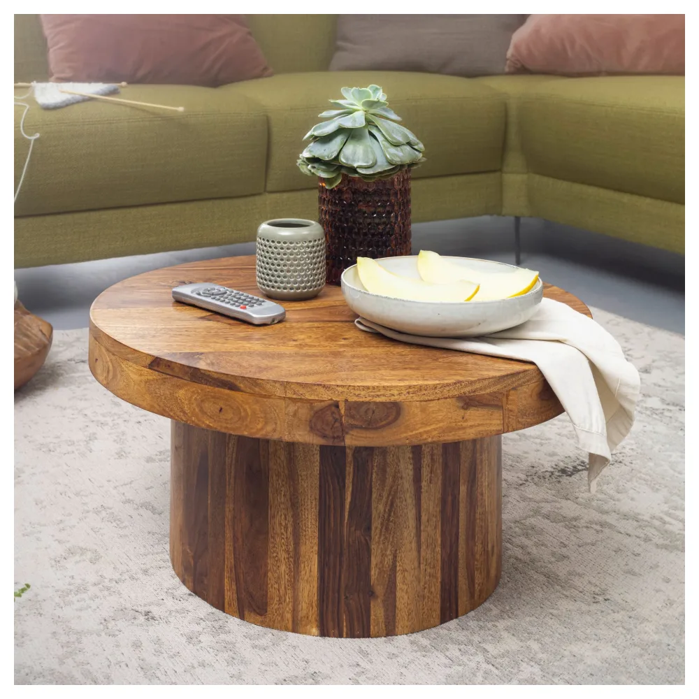 FineBuy Couchtisch Sheesham Massivholz rund Ø 60 cm, Höhe 30 cm – Wohnzimmertisch im Monolith/Drum Design mit Säulenfuß – Handgefertigter Echtholz Tisch modern & stabil