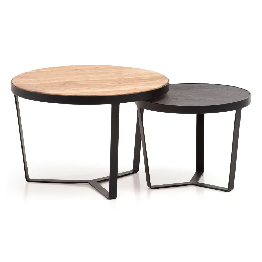 FineBuy Couchtisch 2er Set Akazie Massivholz / Steinoptik Wohnzimmertisch Rund, Satztisch mit Metallgestell, Kaffeetisch Modern, Sofatisch Verschachtelungstisch 2-teilig