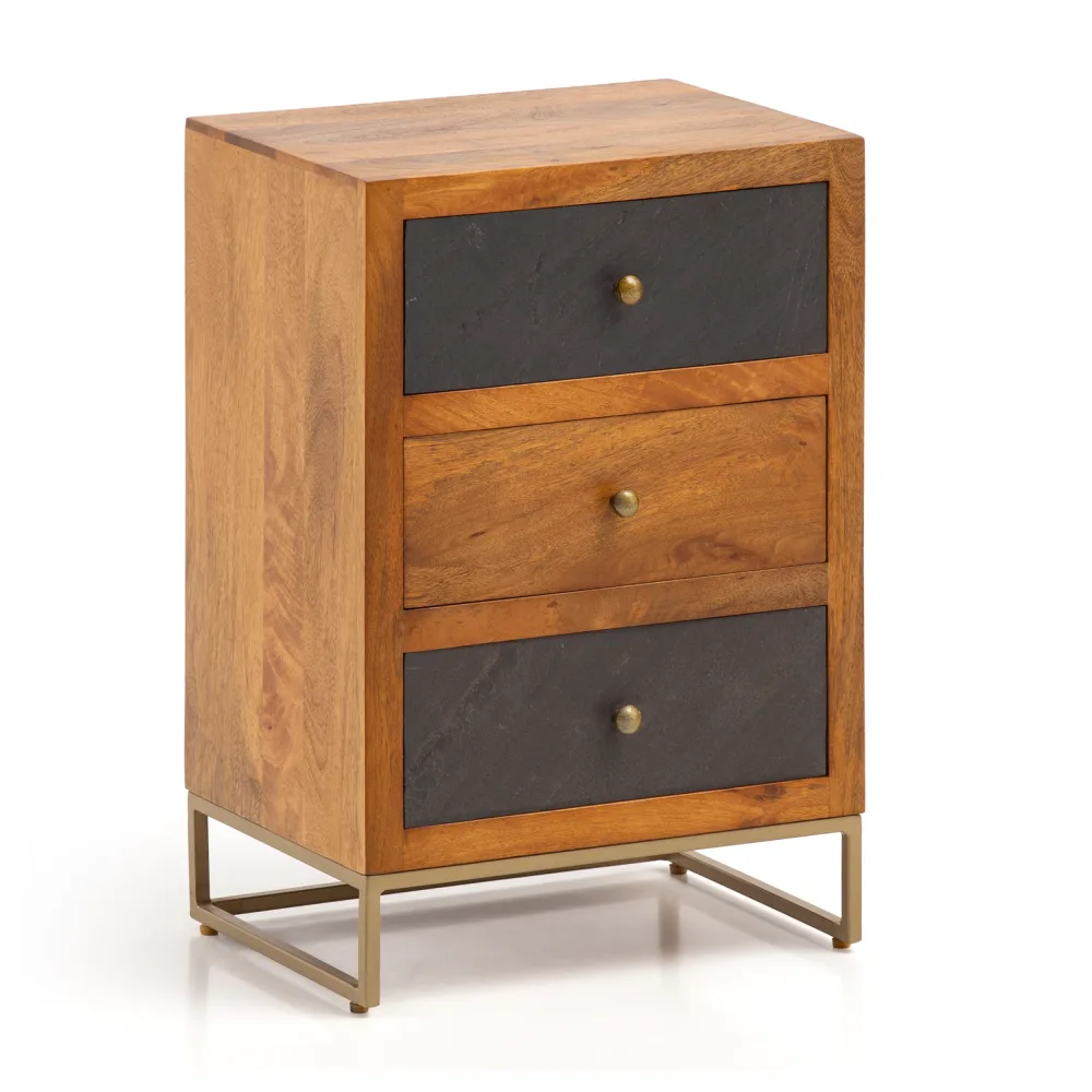 FineBuy Nachttisch aus Mango Massivholz mit Fronten in Steinoptik und 3 Schubladen – Design Nachtkonsole, Nachtschrank für Boxspringbett - Nachtkästchen 40x60x30 cm