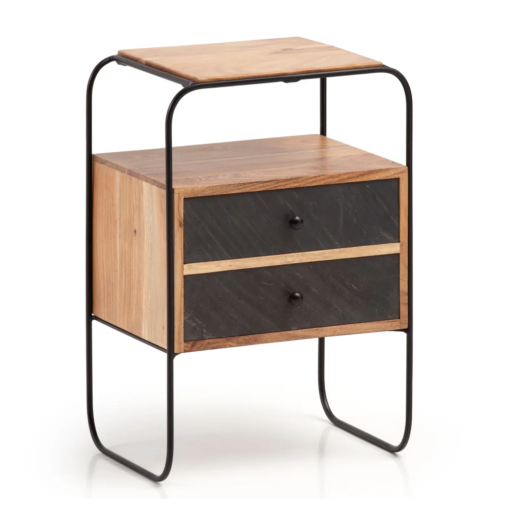 FineBuy Nachttisch Massivholz / Steinoptik 40x60x30 cm Nachtschrank Boxspringbett, Industrial Nachtkonsole mit 2 Schubladen & Ablagefläche, Nachtkommode Stauraum & Metallgestell