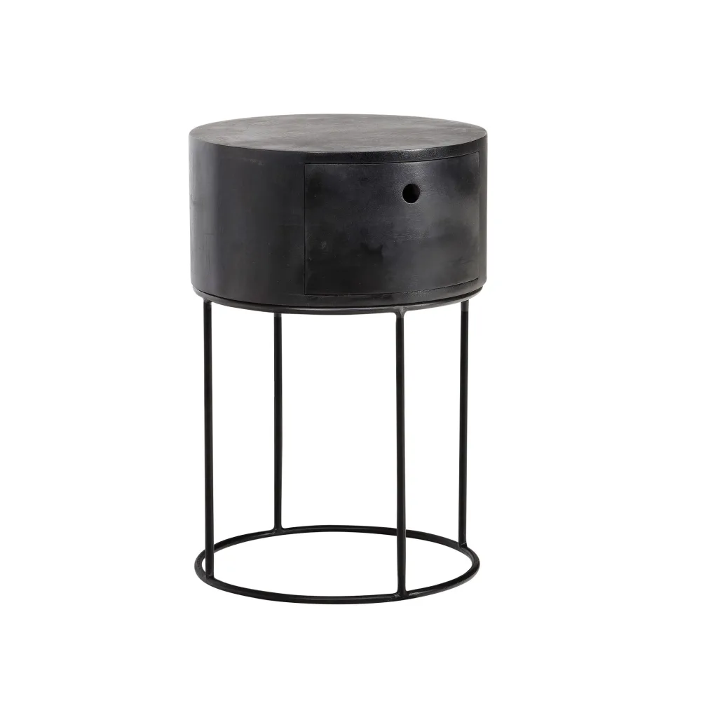 FineBuy Nachtkonsole rund aus Massivholz mit Metallgestell und Schublade – moderner Nachttisch im Industrial Design mit Stauraum, Nachtkästchen ideal für Boxspringbetten – 40x40x60 cm