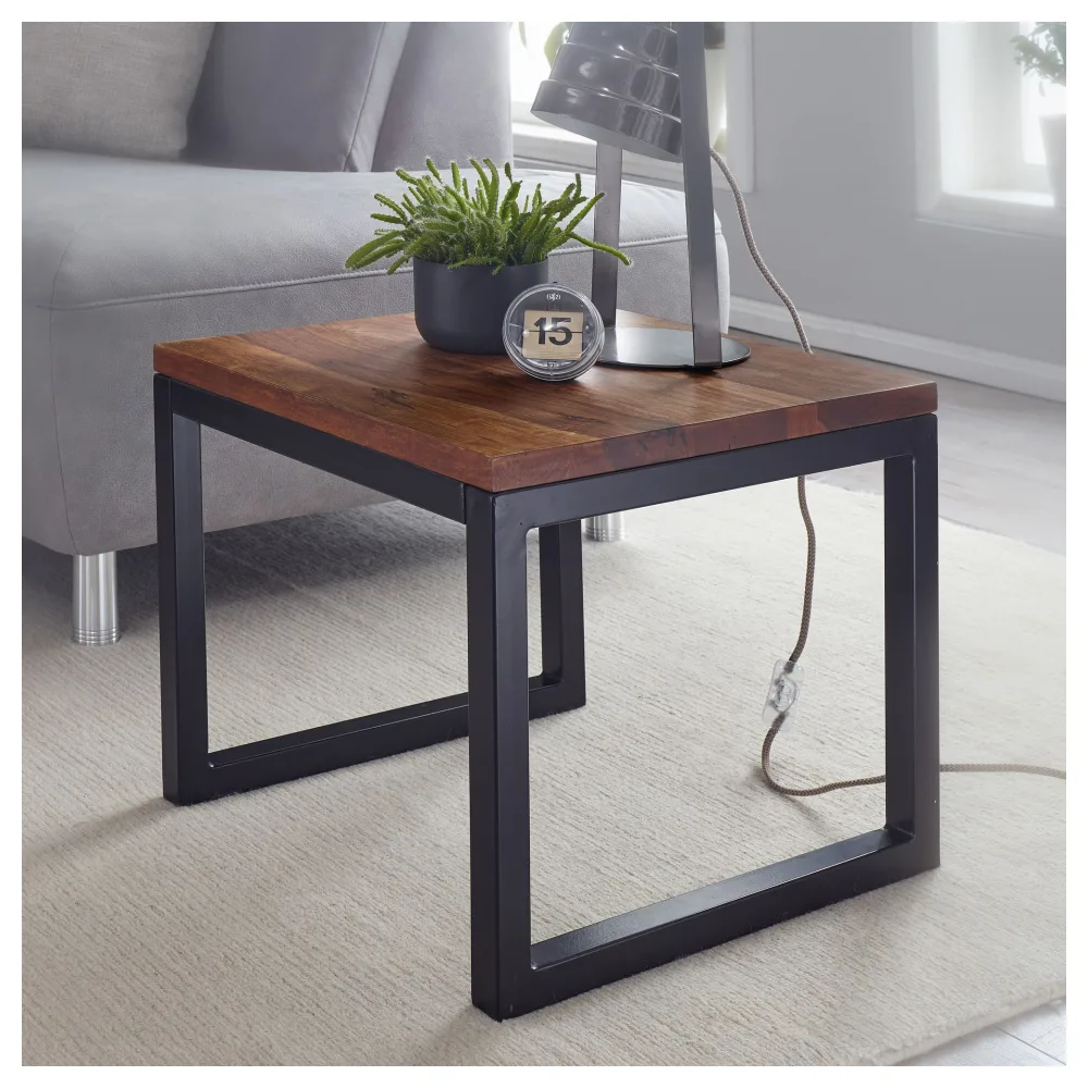 FineBuy Beistelltisch 45x40x45 cm Sheesham Massivholz / Metall Wohnzimmertisch, Industrial Style Designer Holztisch, Tisch Wohnzimmer, Kleiner Couchtisch Massiv