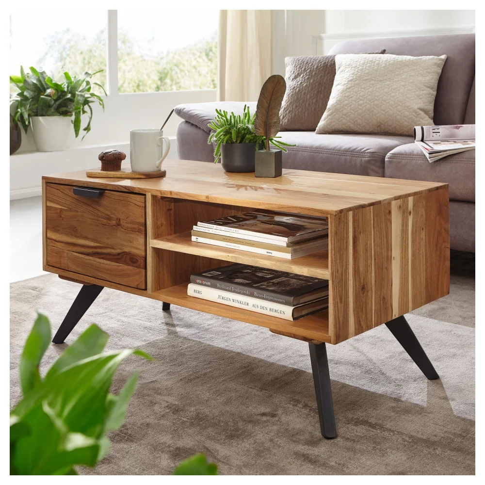 FineBuy Couchtisch Akazie Massivholz 95cm · Rechteckiger Wohnzimmertisch mit Schublade & Ablagefächern · Handgefertigter Sofatisch mit schwarzen Metallbeinen im Industrial Design