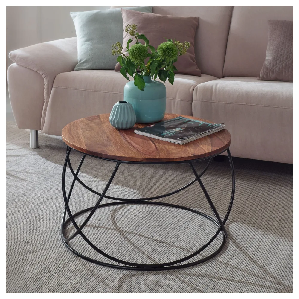 FineBuy Couchtisch Sheesham Massivholz / Metall 60 x 40 x 60 cm, Wohnzimmertisch Rund Massiv Braun, Sofatisch Modern Holztisch, Tisch Wohnzimmer Industrial