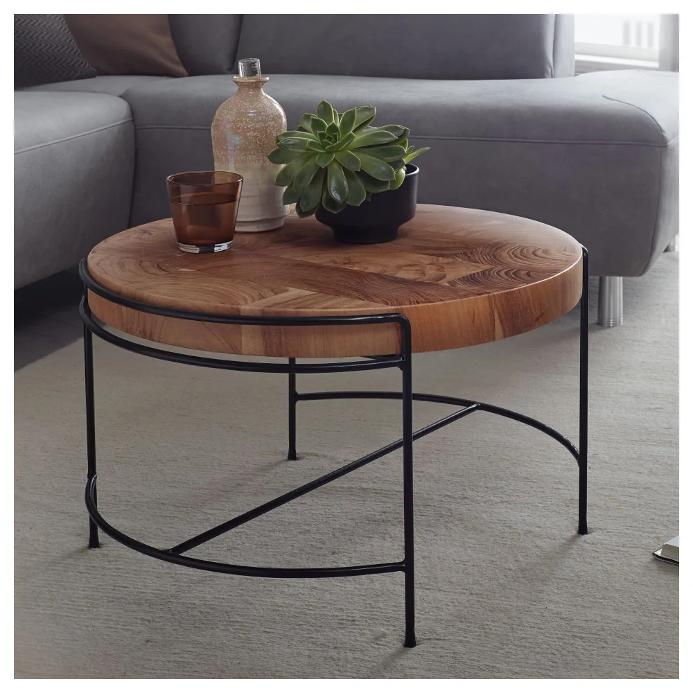 FineBuy Couchtisch Akazie Massivholz rund 62 cm mit Metallgestell · Kleiner Wohnzimmertisch im Baumscheiben Design · Handgefertigt · Industrial & Natur Look