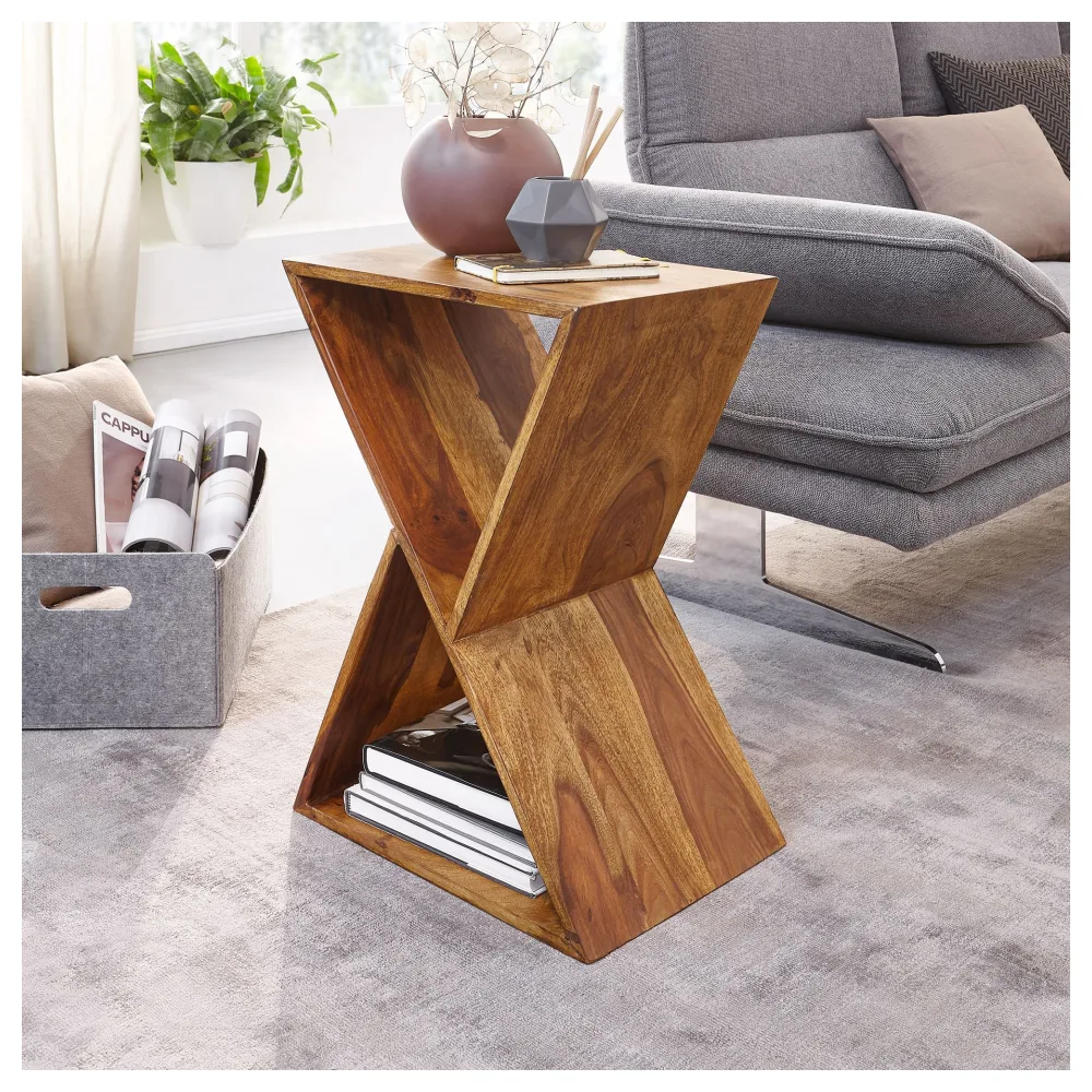 FineBuy Beistelltisch X-Form 43x60x30 cm Sheesham Massivholz Anstelltisch, Tisch Wohnzimmer Massiv, Kleiner Wohnzimmertisch Echtholz, Sofatisch mit Ablagen