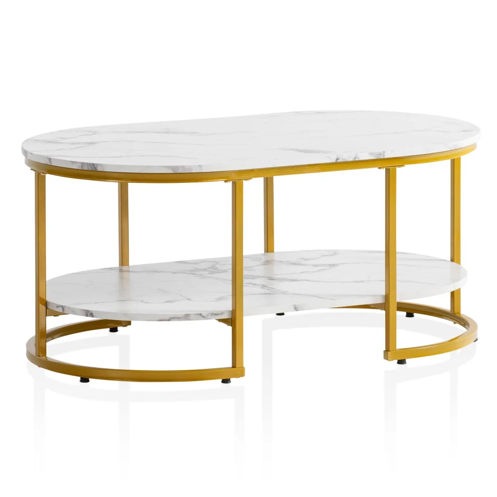 FineBuy Couchtisch 100x60x45 cm Marmor Optik, Design Wohnzimmertisch Rechteckig, Lounge Sofatisch mit Ablage, Kaffeetisch Modern mit goldenem Metallgestell