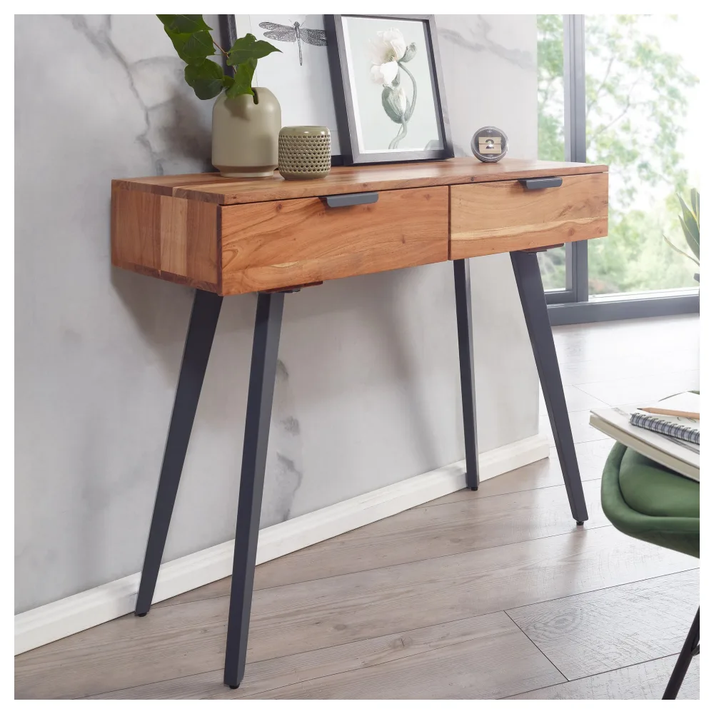 FineBuy Konsolentisch 90 x 78 x 36 cm Akazie Massivholz / Metall Konsole mit Schubladen, Kleiner Schreibtisch mit Metallbeinen, Schminktisch Anrichte Modern, Flurtisch Massiv