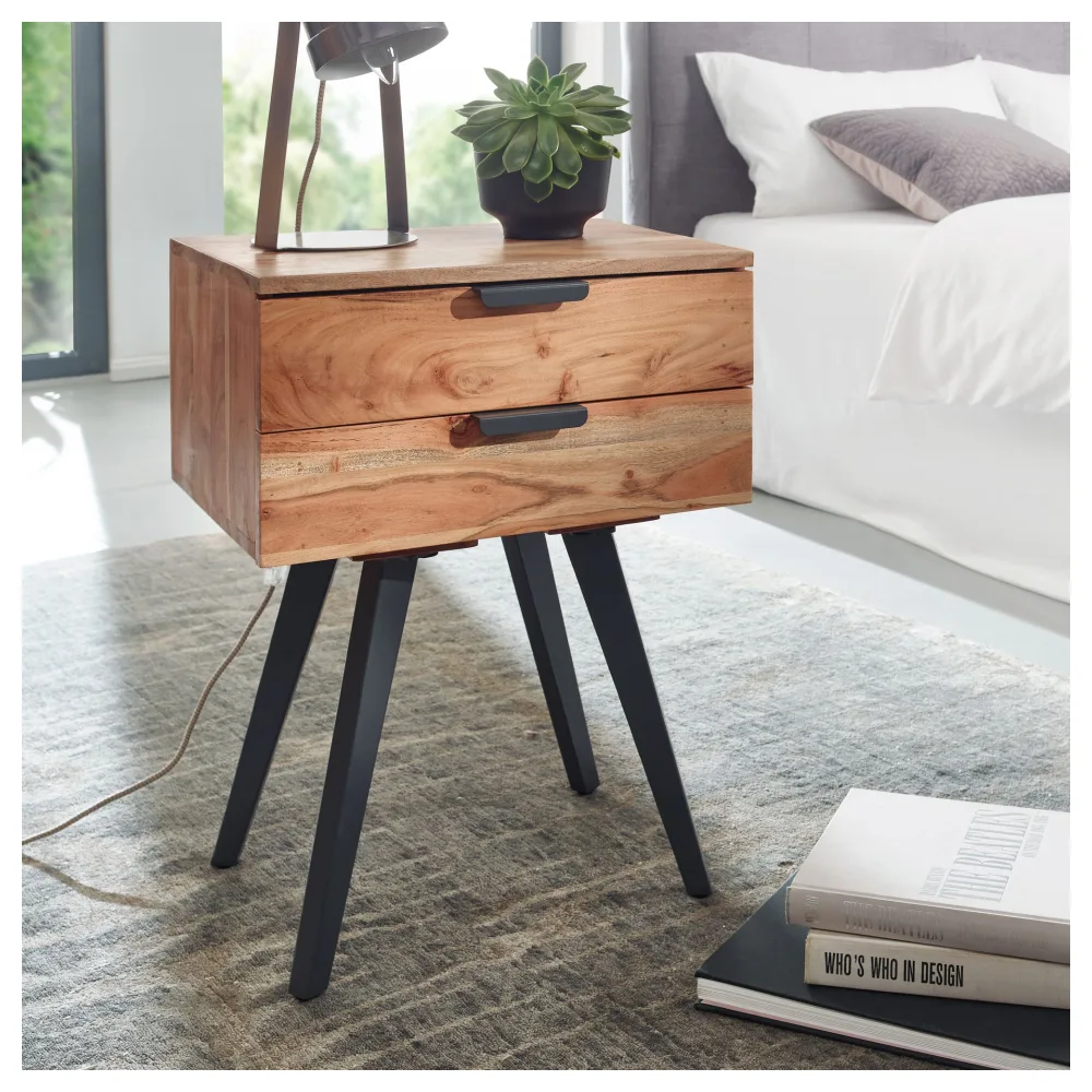 FineBuy Nachtkästchen Akazie Massivholz – Nachttisch mit 2 Schubladen & schwarzen Metallbeinen, Nachtkommode für Boxspringbett, Industrial Design & handgefertigt - 47x35x65 cm