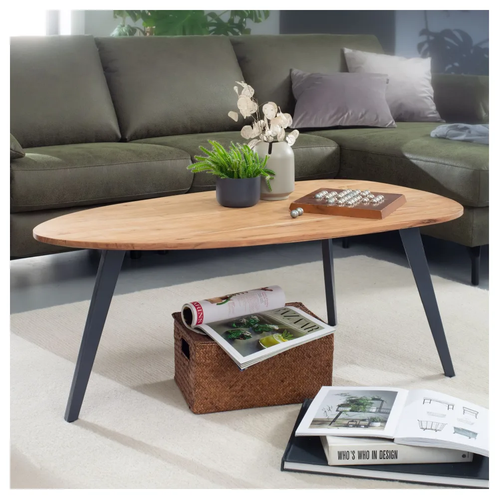 FineBuy Couchtisch Akazie Natur Massivholz oval 110 cm · Wohnzimmertisch mit schwarzen Metallbeinen · Handgefertigter Design Tisch in Nierenform