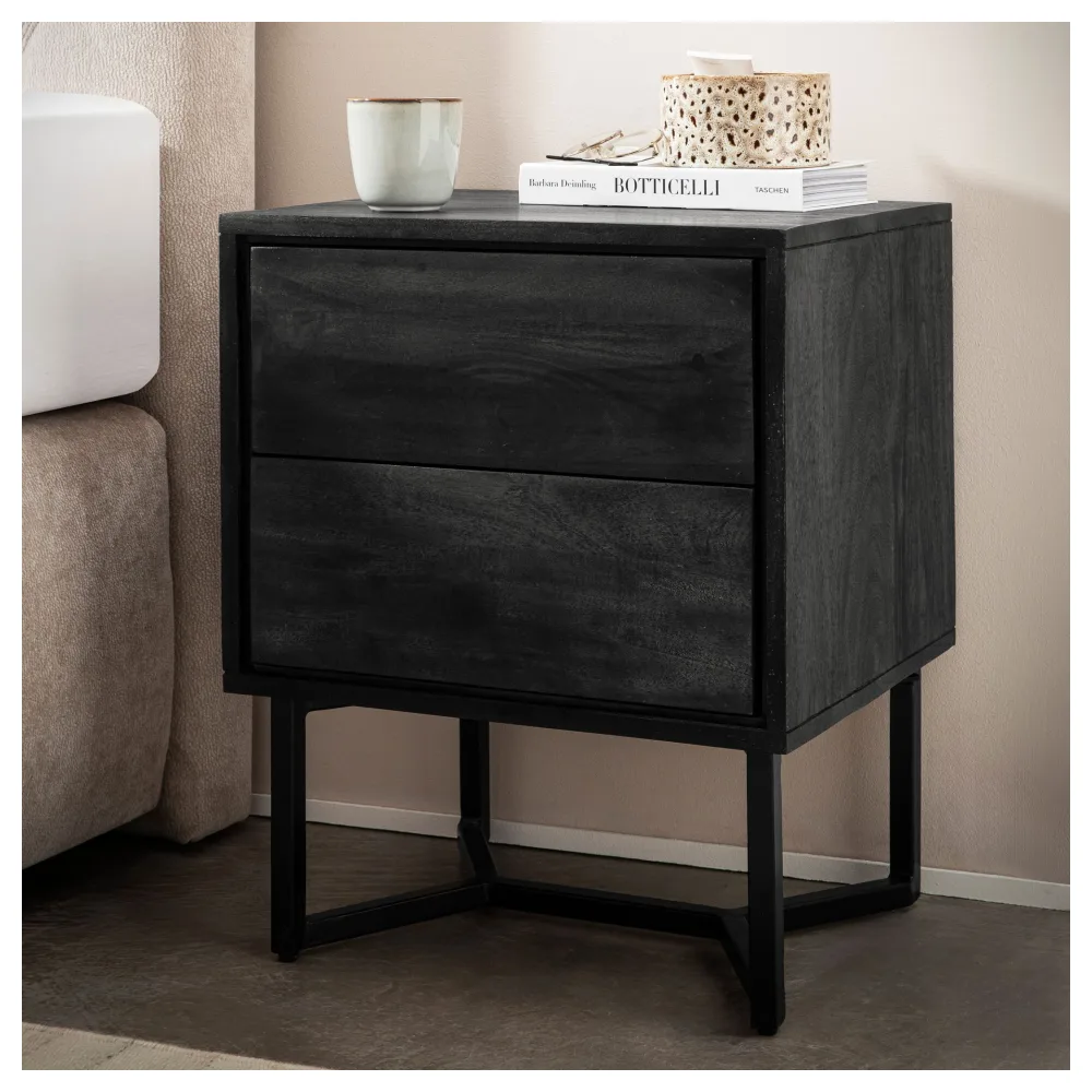 FineBuy Nachttisch Akazie Massivholz Schwarz mit 2 Schubladen & schwarzem Metallgestell – Nachtkommode mit Stauraum modern, Nachtkästchen für Boxspringbett – 45x40x57 cm