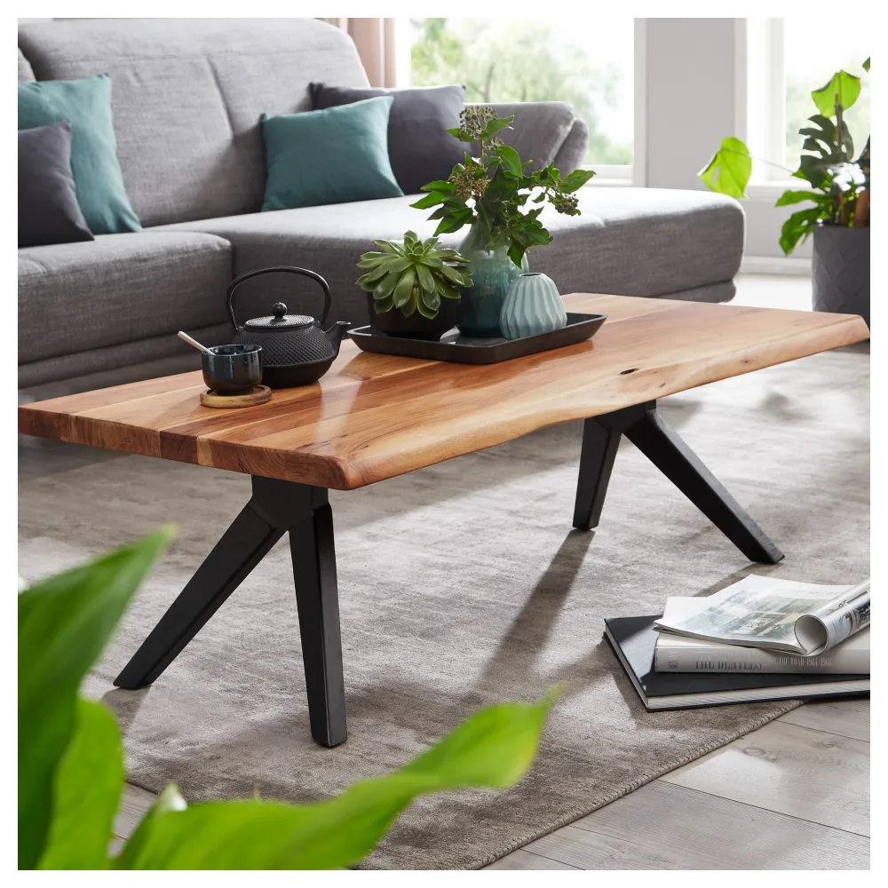 FineBuy Couchtisch Akazie Massivholz 115 cm rechteckig · Wohnzimmertisch mit Baumkante und schwarzem V-Gestell aus Metall · Handgefertigter Massivholztisch im modernen Industrial Design