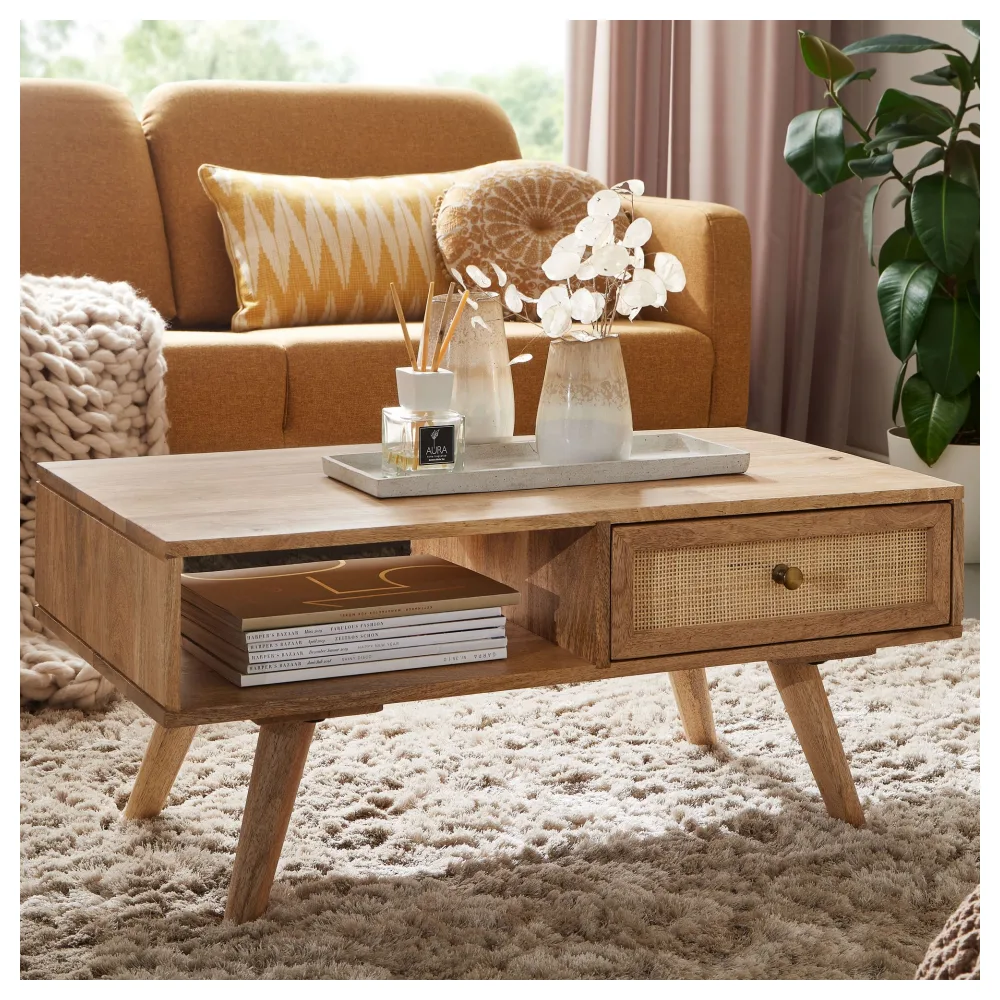 FineBuy Couchtisch 90x40x45 cm Mango Massivholz / Rattan Wohnzimmertisch Rechteckig, Holztisch mit Stauraum, Sofatisch mit Schublade, Tisch Wohnzimmer Massiv Rohrgeflecht