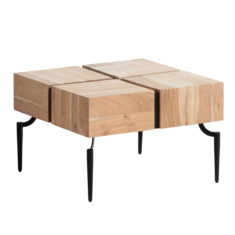 FineBuy Couchtisch Akazie Massivholz quadratisch 60x60 cm · moderner Wohnzimmertisch 4 Blocks · Design Tisch mit Metallbeinen im Industrial Cube Stil