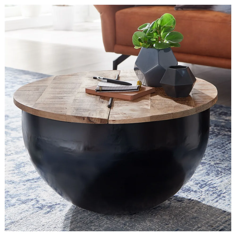 FineBuy Couchtisch Mango Massivholz Metall 60x34x60 cm Industrial Style Rund, Design Wohnzimmertisch mit Stauraum, Moderner Loungetisch Sofatisch Schwarz