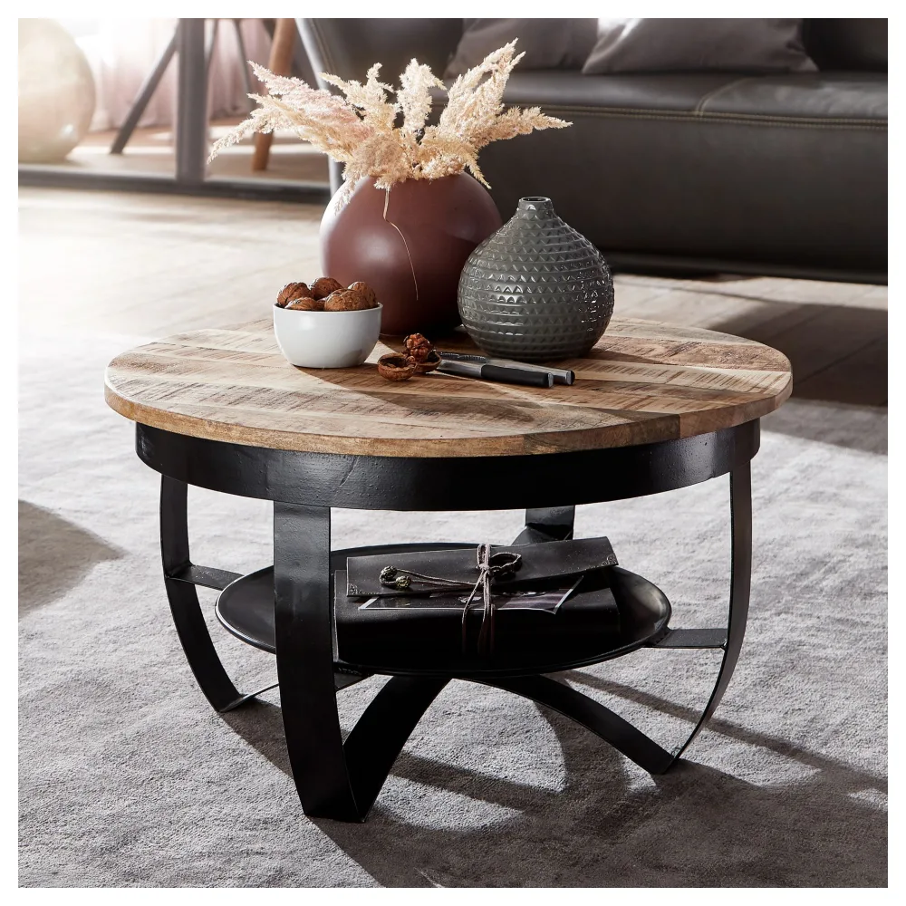 FineBuy Couchtisch 60x34x60 cm Mango Massivholz / Metall Industrial Schwarz Rund, Sofatisch Wohnzimmertisch Massiv, Kleiner Tisch Salontisch Wohnzimmer