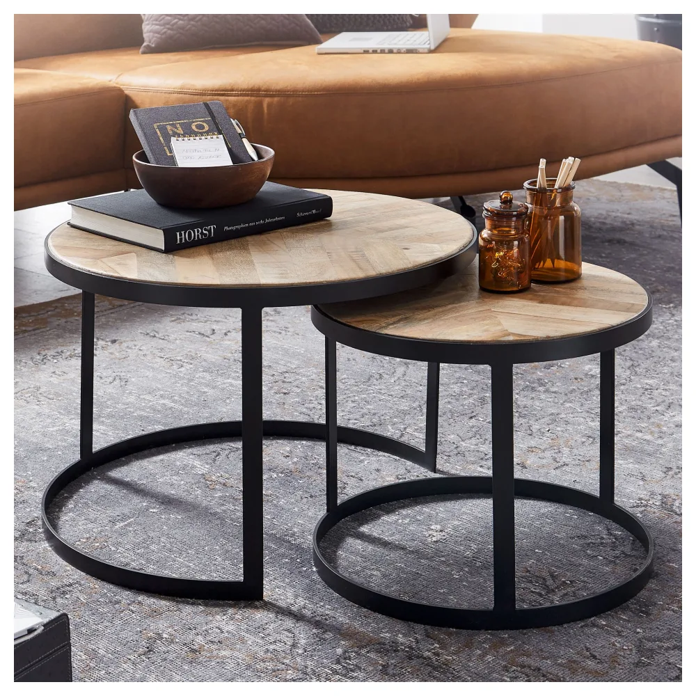 FineBuy Couchtisch 2er Set Massivholz / Metall Wohnzimmertisch Industrial Rund, Beistelltisch mit Metallbeine Schwarz, Tischset 2-teilig Satztisch Holz