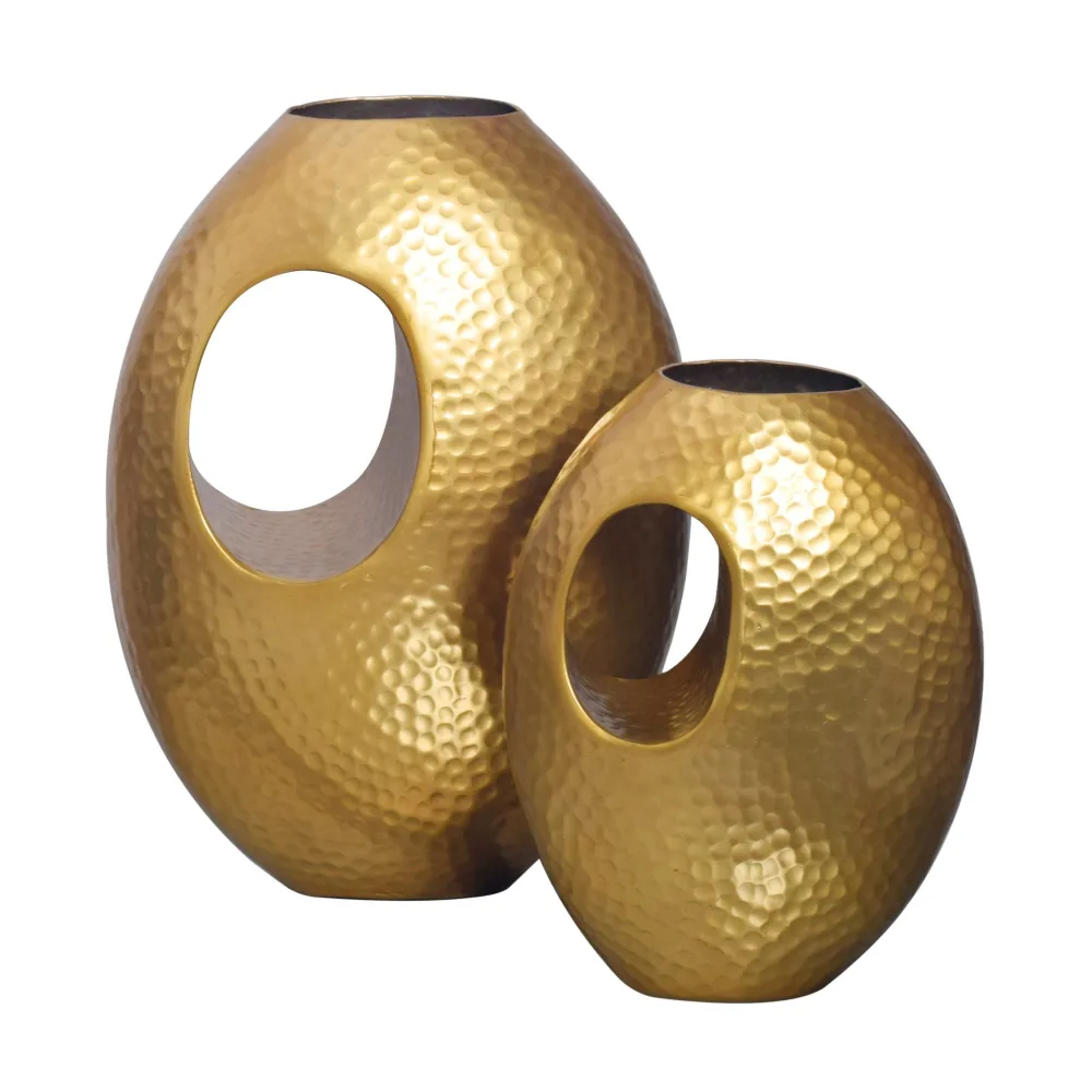 FineBuy Deko Vase 2er Set Aluminium mit Tragegriff Blumenvase Modern, Hammerschlag Dekovase 2-teilig für Blumen, Alu Tischvase Handgefertigt