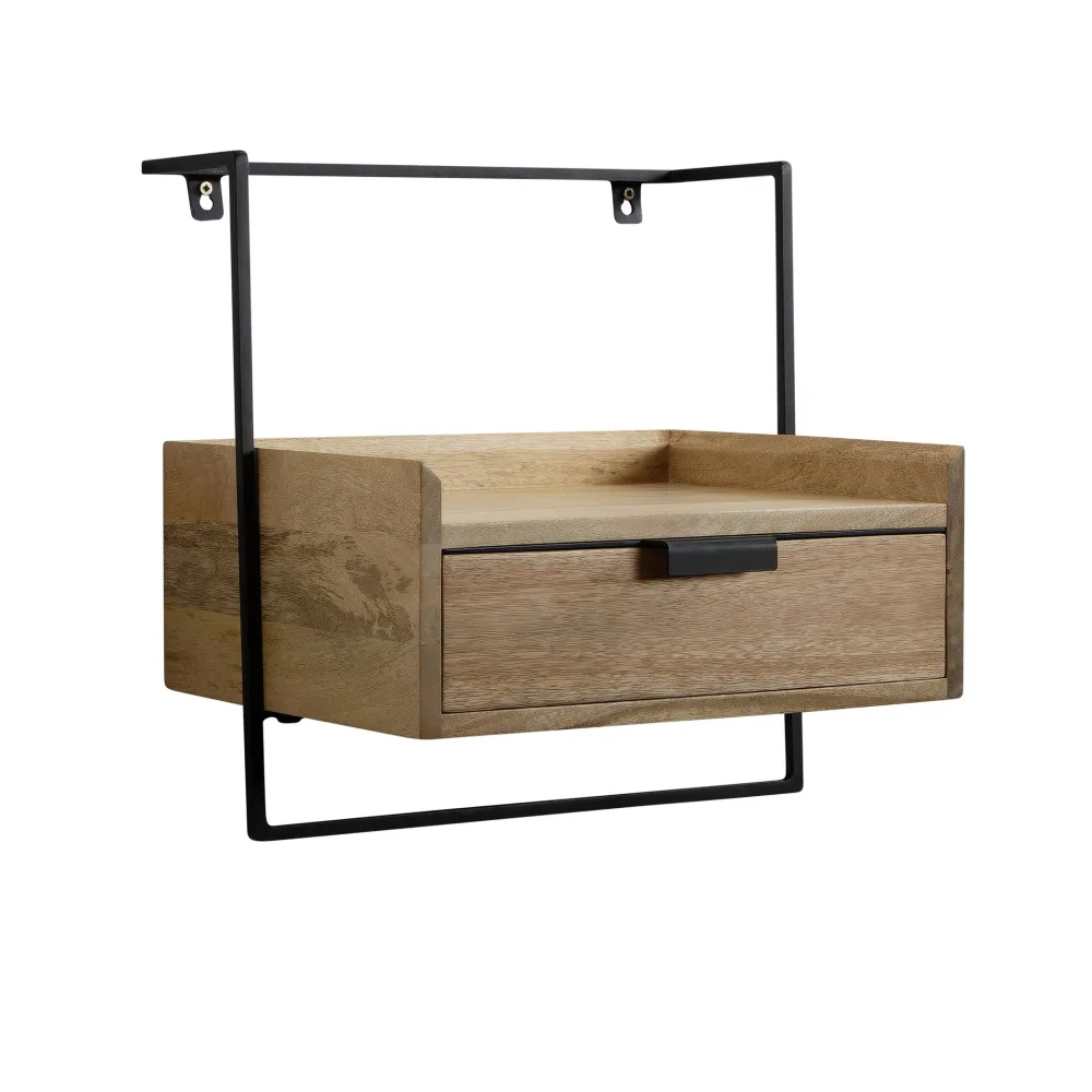FineBuy Nachtkonsole zur Wandmontage aus Mango Massivholz mit Schublade – schwebender Nachttisch, modernes Wandboard mit Stauraum fürs Schlafzimmer – Nachtkästchen 44x45x35 cm