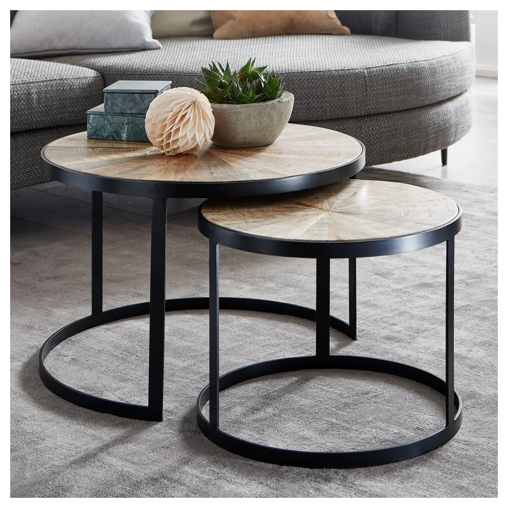 FineBuy Design Couchtisch 2er Set Mango Massivholz Satztisch Rund, Wohnzimmertisch mit Metallbeine Braun, Tischset 2-teilig Satztisch Holz / Metall Schwarz