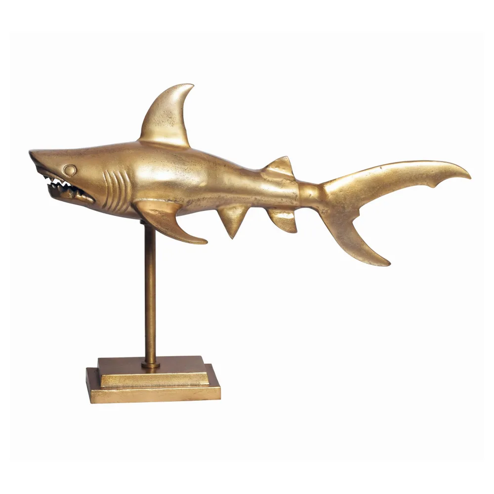 FineBuy Dekofigur Hai Aluminium Maritim 70 cm mit Standfuß, Design Metall Deko Alu Modern, Tischdeko Wohndeko Aluminiumdekoration, Dekoration Wohnaccessoire