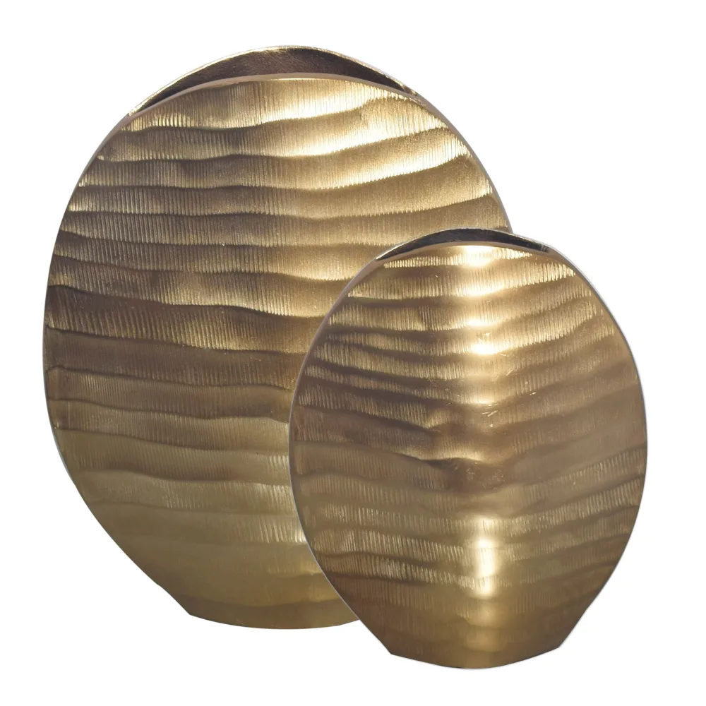 FineBuy Deko Vase 2er Set Aluminium Blumenvase Wellenmuster Modern, Dekovase Rund 2-teilig für Blumen, Alu Tischvase Wohndeko Metall Tischdeko Handgefertigt