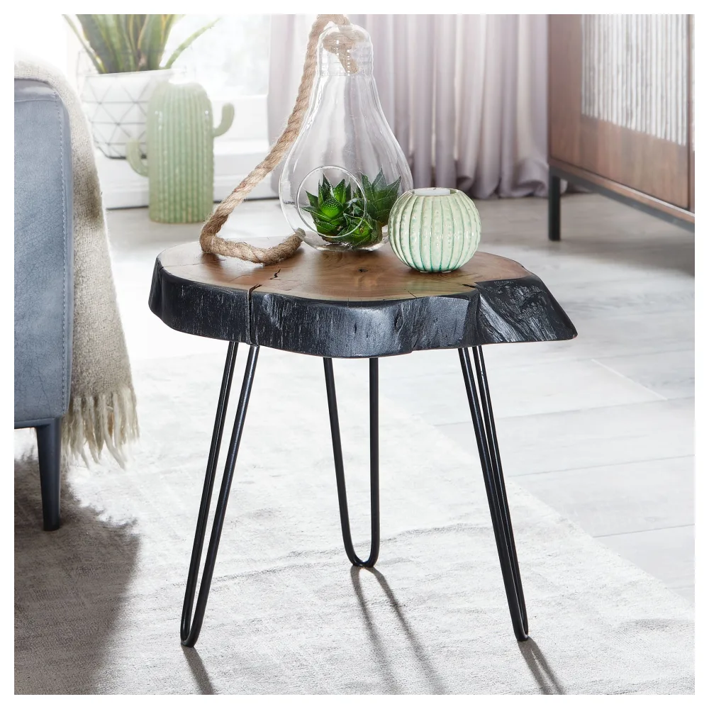 FineBuy Beistelltisch Akazie Massivholz / Metall Industrial 40x40x32cm Baumkante, Wohnzimmertisch Sofatisch Massiv Haarnadelbeine, Kleiner Anstelltisch Tisch Wohnzimmer