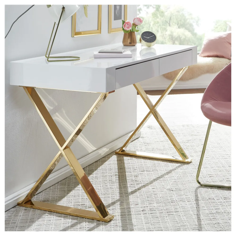 FineBuy Schreibtisch 118x76x57 cm Holz Hochglanz Weiß Metallbeine Golden, Design Computertisch PC-Tisch Bürotisch Modern, Konsolentisch Schubladen
