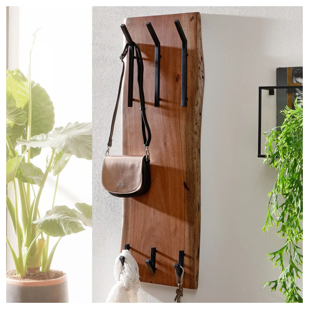 FineBuy Wandgarderobe Akazie Massivholz 36 x 100 cm Baumkante - Garderobenpaneel massiv Holz - Wand Garderobenleiste Hakenleiste - 6 Kleiderhaken