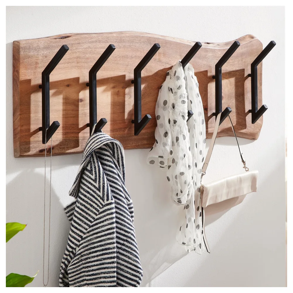 FineBuy Wandgarderobe Akazie Massivholz 100 cm Baumkante - Garderobenpaneel massiv Holz Wand Garderobenleiste Hakenleiste - 6 Kleiderhaken Industrial