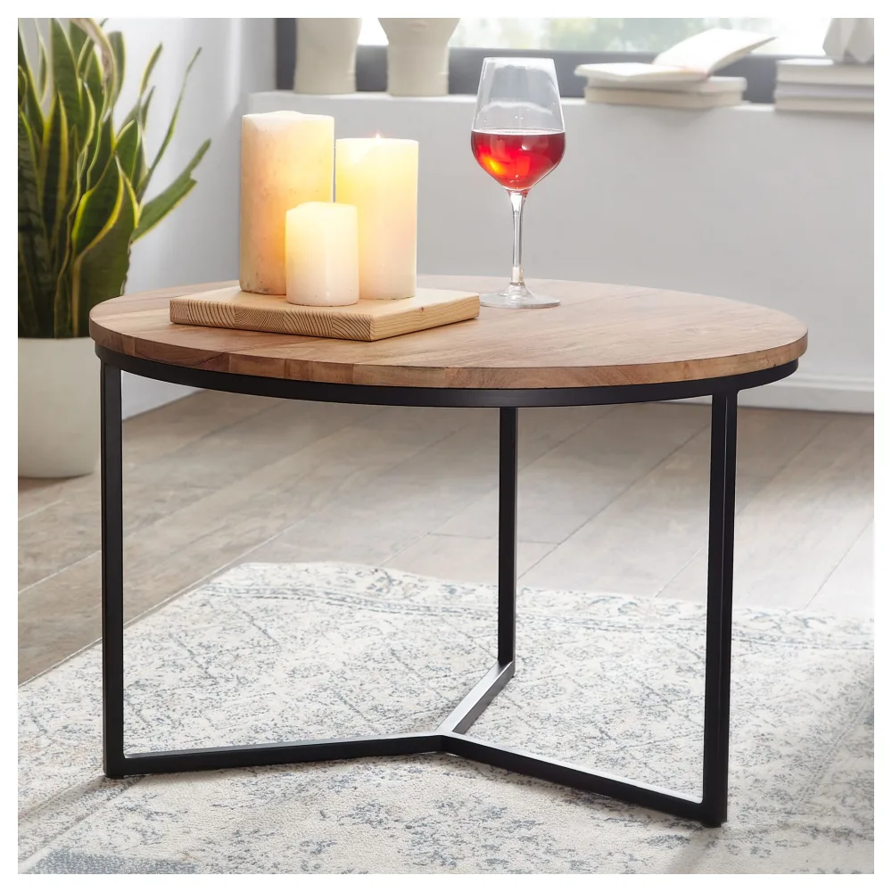 FineBuy Couchtisch Akazie Massivholz rund 60 cm · Kleiner Moderner Design Wohnzimmertisch mit Metallgestell · Handgefertigt Industrial Design