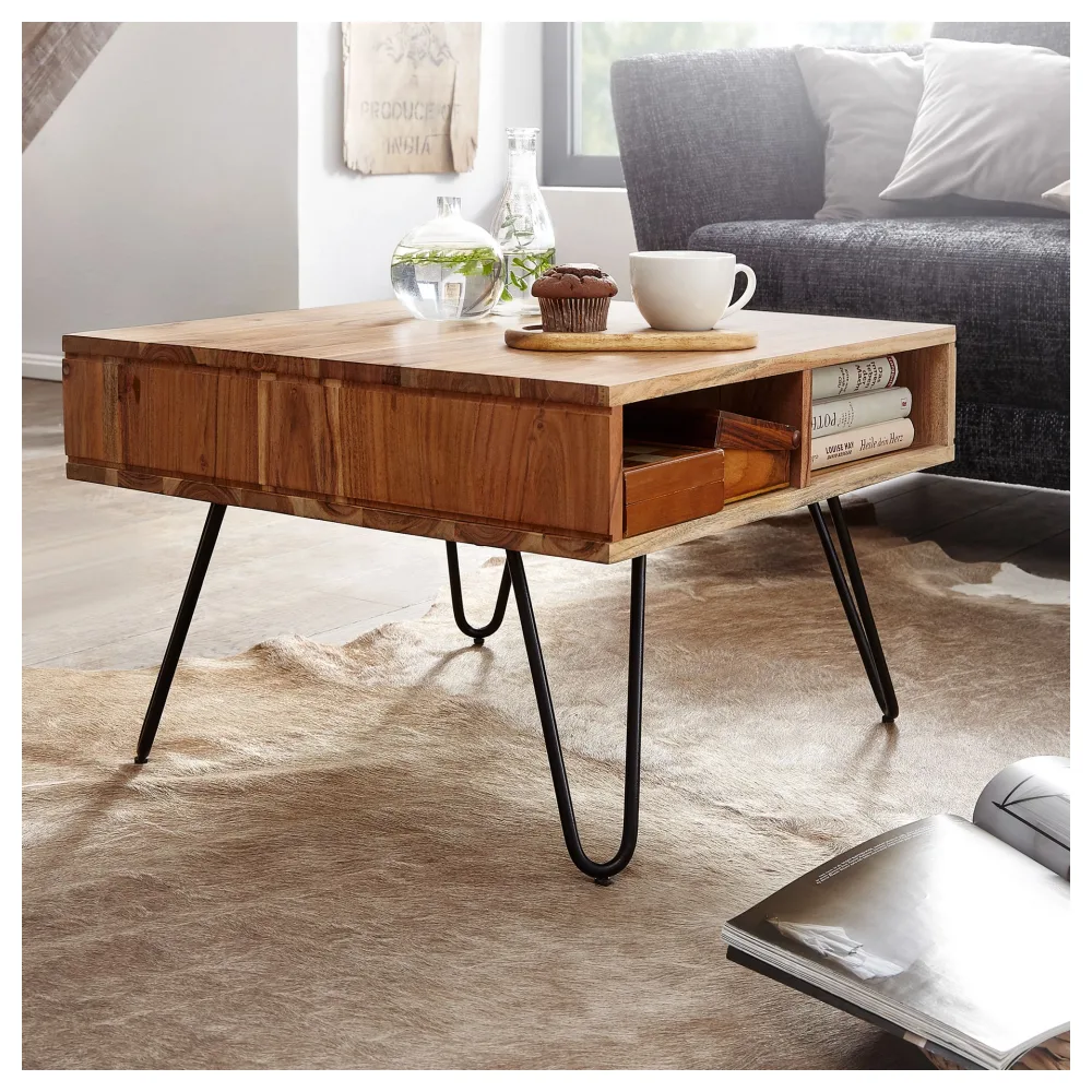 FineBuy Couchtisch quadratisch 60x60 cm Akazie Massivholz · Wohnzimmertisch mit Metall Hairpin Beinen & 2 Ablagen Stauraum · Industrial Design · Handgefertigt