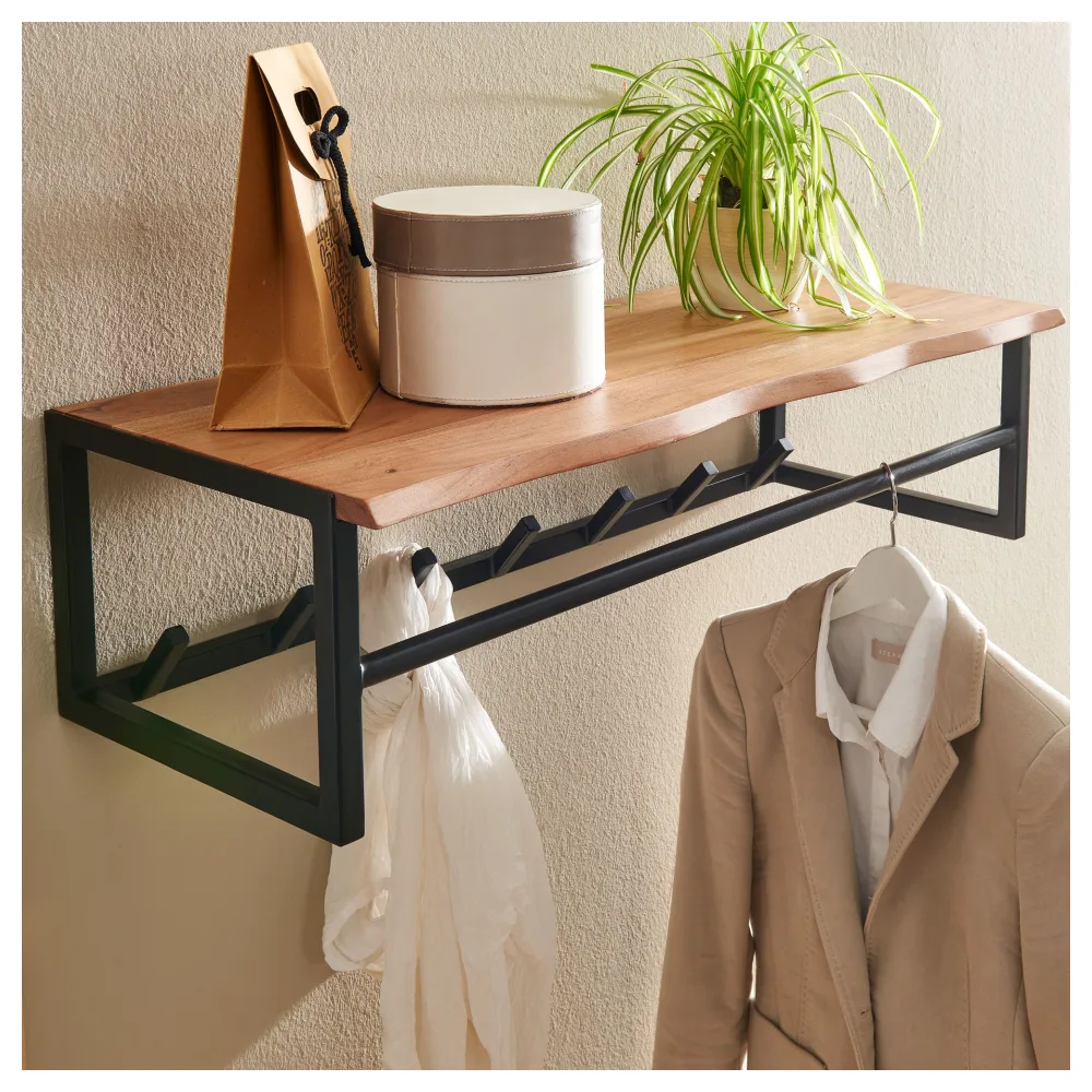 FineBuy Wandgarderobe Akazie Massivholz 80 cm mit Ablage - Industrial Garderobenpaneel mit Hutablage - Wand Garderobenleiste Hakenleiste - 7 Metall Kleiderhaken & Kleiderstange