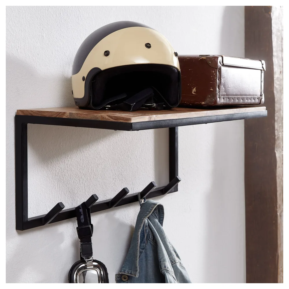FineBuy Wandgarderobe Akazie Massivholz 70 cm mit Ablage - Garderobenpaneel mit Hutablage - Wand Garderobenleiste Hakenleiste - 5 Kleiderhaken Metall
