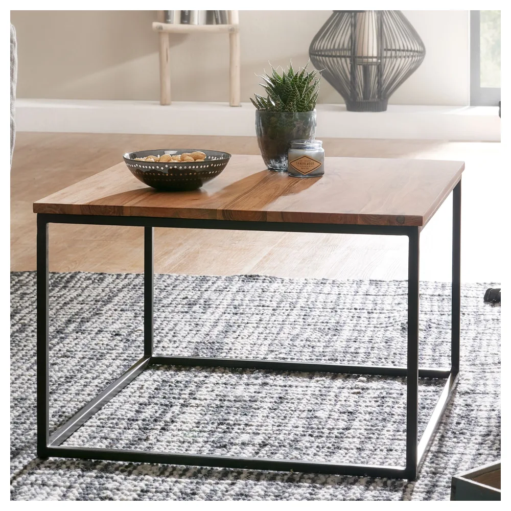 FineBuy Couchtisch quadratisch 60x60 cm Akazie Massivholz · Wohnzimmertisch mit schwarzem Metallgestell · Handgefertigt im Industrial Design · Natürlich & robust