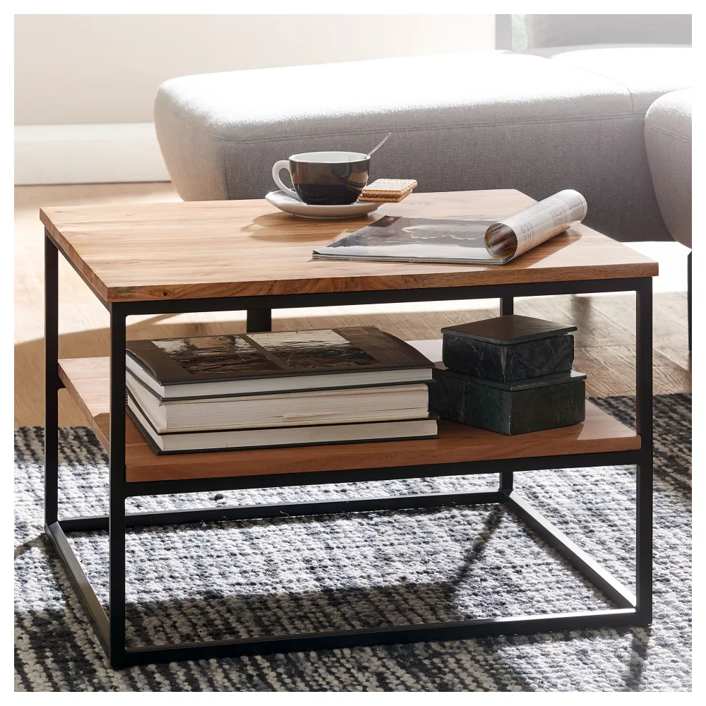 FineBuy Couchtisch quadratisch 60x60 cm Akazie Massivholz · Wohnzimmertisch mit Metallgestell & 2 Ablageflächen · Handgefertigt & lackiert im Industrial Design