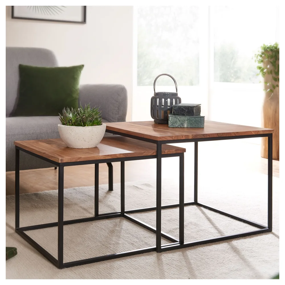 FineBuy Couchtisch 2er Set Akazie Massivholz quadratisch · Wohnzimmertisch Set mit schwarzem Metallgestell · Handgefertigte Beistelltische im modernen Industrial Design Satztisch