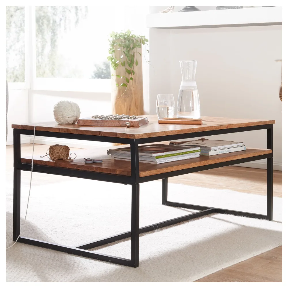 FineBuy Couchtisch Akazie Massivholz 100 cm · Wohnzimmertisch mit Ablage und schwarzem Metallgestell · Rechteckiger Industrial Tisch im modernen Loft Design