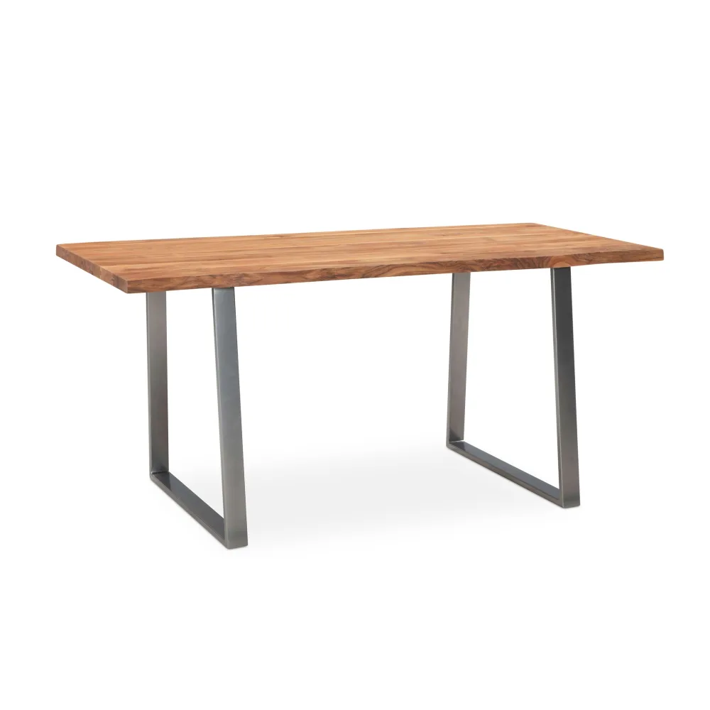 FineBuy Schreibtisch Akazie Massivholz / Metall Computertisch Baumkante, Homeoffice Bürotisch Massiv mit Trapezbeinen in Chrom, Holztisch Laptoptisch Arbeitszimmer