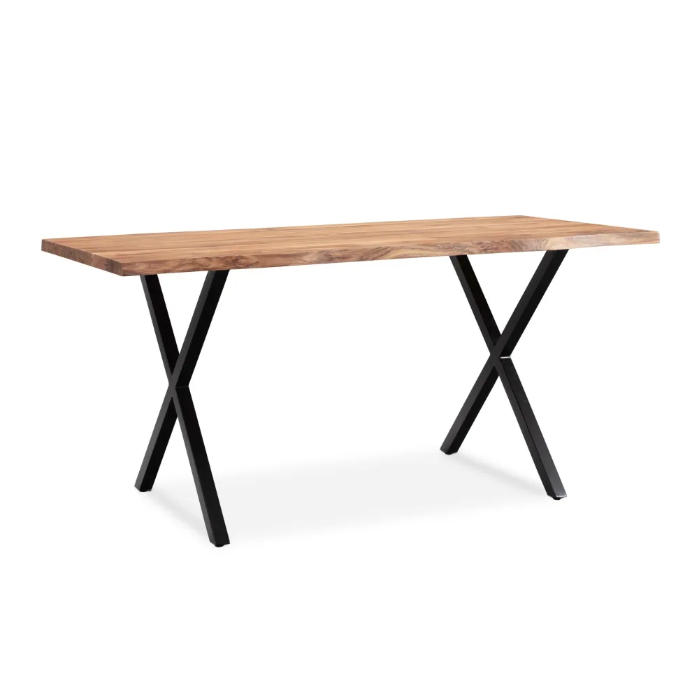 FineBuy Schreibtisch Akazie Massivholz / Metall Computertisch Baumkante, Homeoffice Bürotisch Massiv mit X-Beinen in Schwarz, Holztisch Laptoptisch Arbeitszimmer