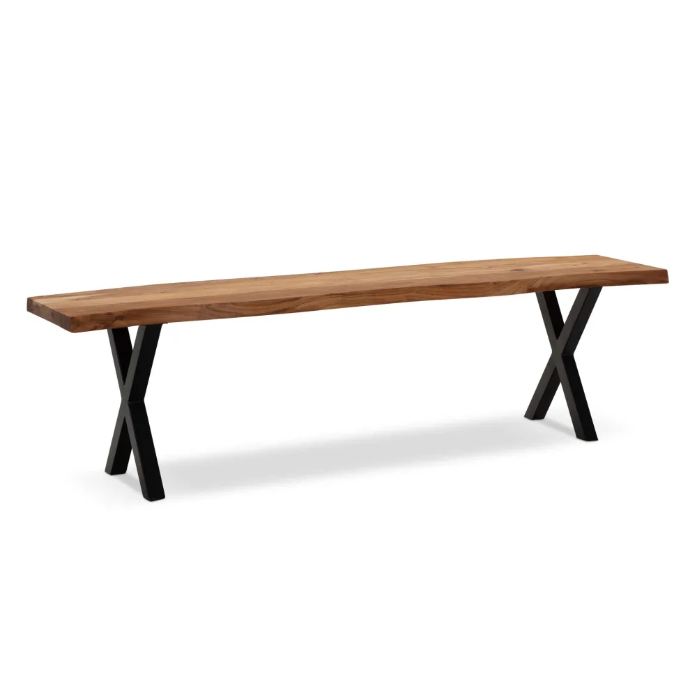 FineBuy Esszimmerbank Akazie Massivholz / Metall mit Baumkante, Esstischbank Modern, Holzbank Massiv ohne Lehne, Küchenbank Essbank mit X-Beinen, Sitzbank Esszimmer