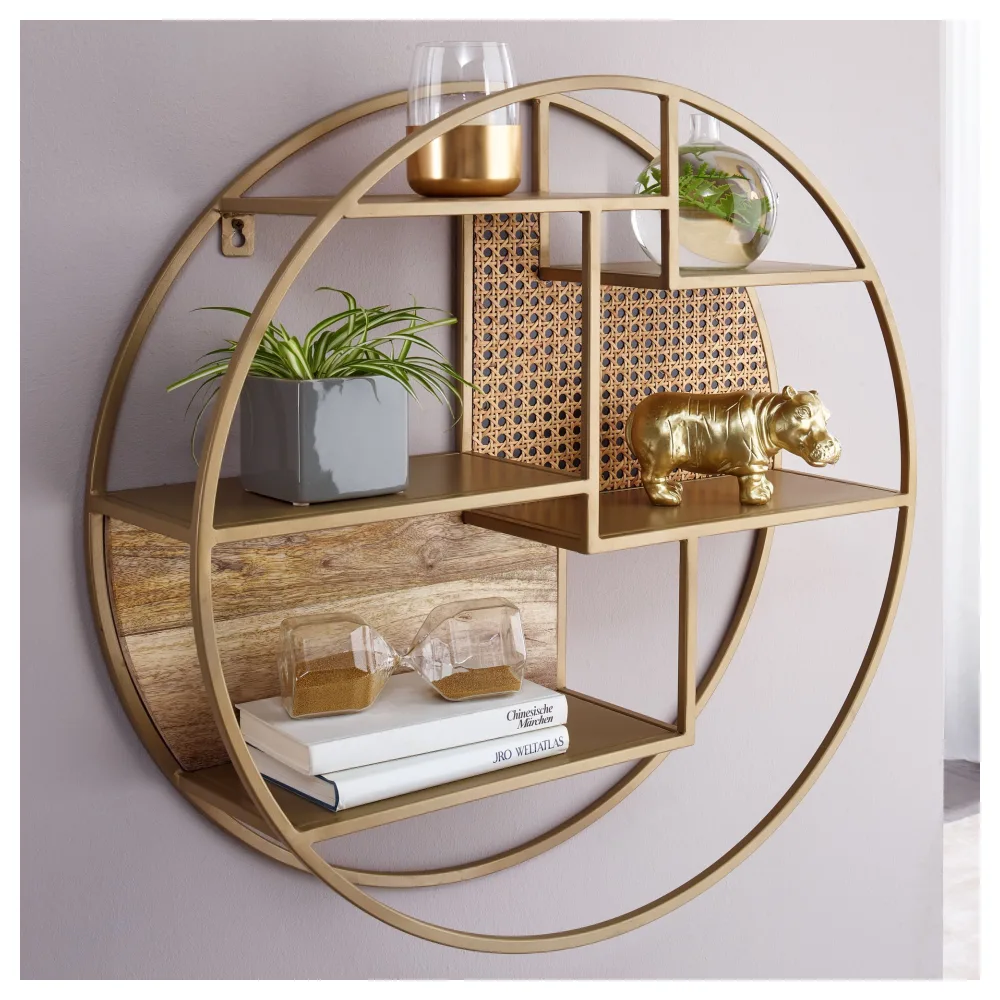 FineBuy Wandregal Rattan 62x62x17 cm Hängeregal Massivholz / Metall Industrial, Schweberegal Wiener Geflecht Rund Wand, Regal Hängend Offen Wohnzimmer