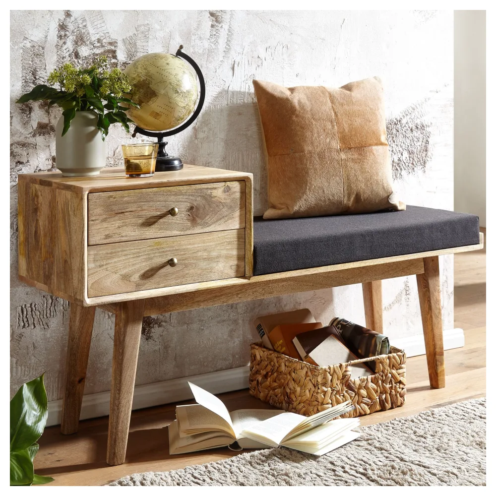 FineBuy gepolsterte Sitzbank 120 cm Massivholz Stoff mit Schublade - Retro Polsterbank für Garderobe, Schlafzimmer, Wohnzimmer - Garderobenbank Eingangsbereich