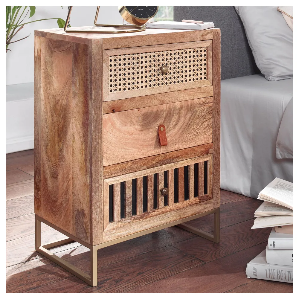 FineBuy Nachttisch aus Mango Massivholz mit Metallgestell und 3 Schubladen – Design Nachtkonsole im Boho & Natur Stil mit Wiener Geflecht, perfekte Nachtkommode für Boxspringbetten – 40x60x30 cm