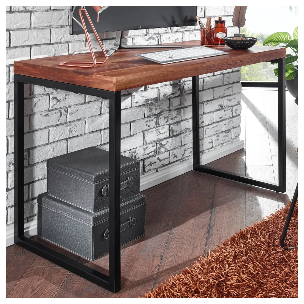 FineBuy Schreibtisch Sheesham Massivholz / Metall 117x59x76,5 cm Computertisch, Design Bürotisch Klein Dunkel, Laptoptisch Arbeitszimmer