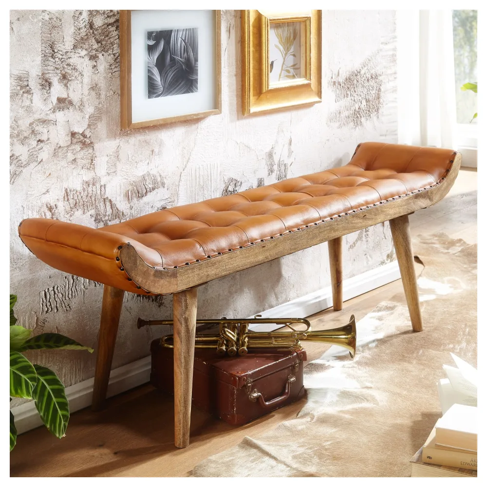FineBuy Sitzbank Echtleder / Massivholz Bank Braun 125x50x38 cm Chesterfield, Design Polsterbank Flur, Lederbank Bettbank 2 Personen, Flurbank Modern
