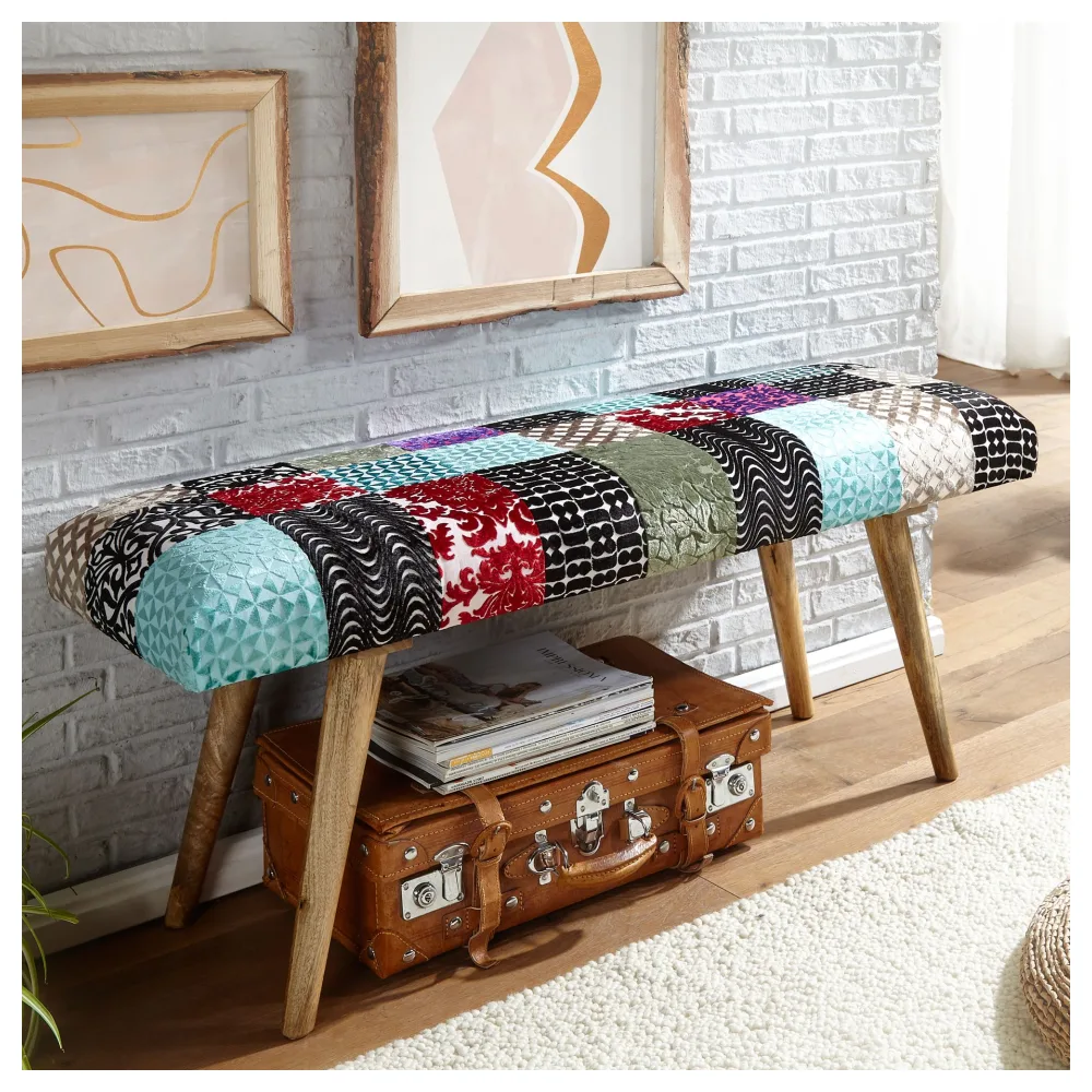 FineBuy gepolsterte Sitzbank 120 cm Patchwork - Retro Polsterbank für Garderobe Schlafzimmer & Wohnzimmer - Garderobenbank Eingangsbereich - Handmade
