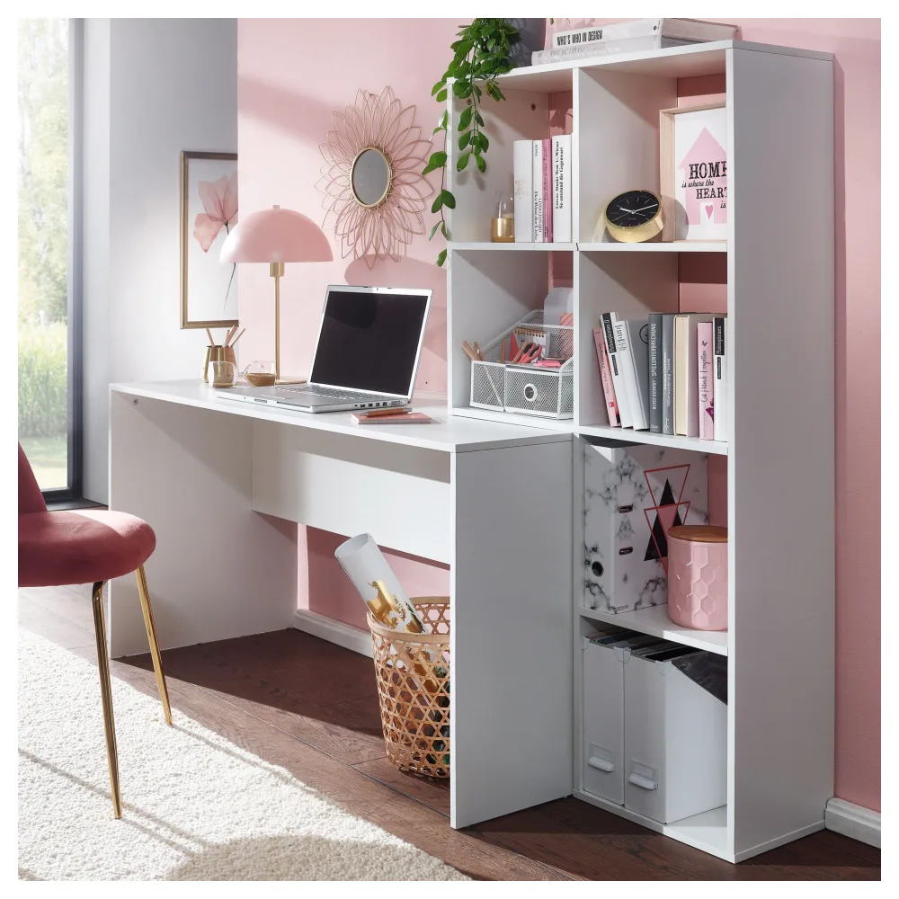 FineBuy Schreibtisch mit Regal Weiß 170x59x143,5 cm Bürotisch Modern, Laptoptisch mit 6 Ablagen, Homeoffice Computertisch mit Stauraum